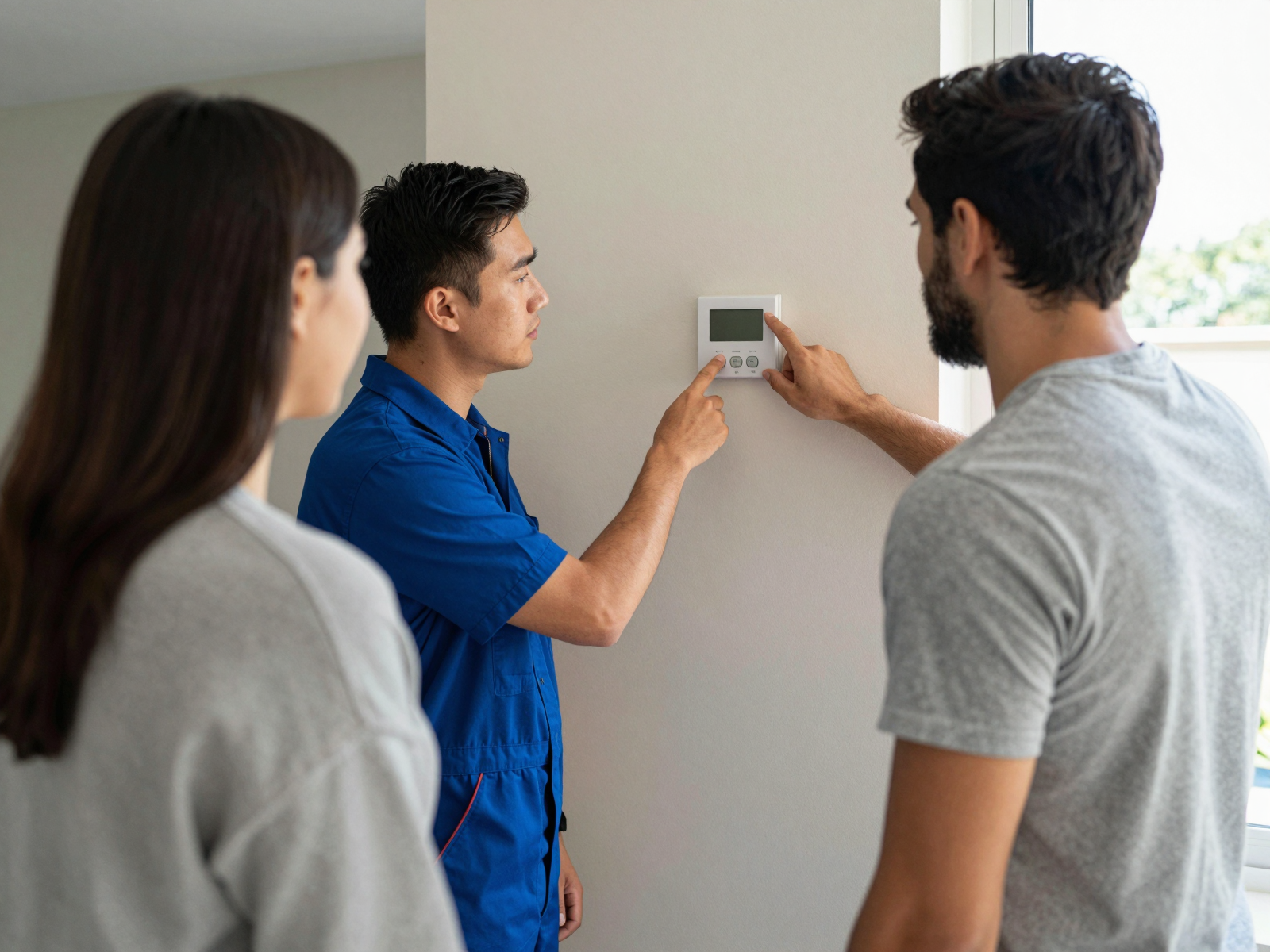HVAC technician consulting with homeowner on thermostat
